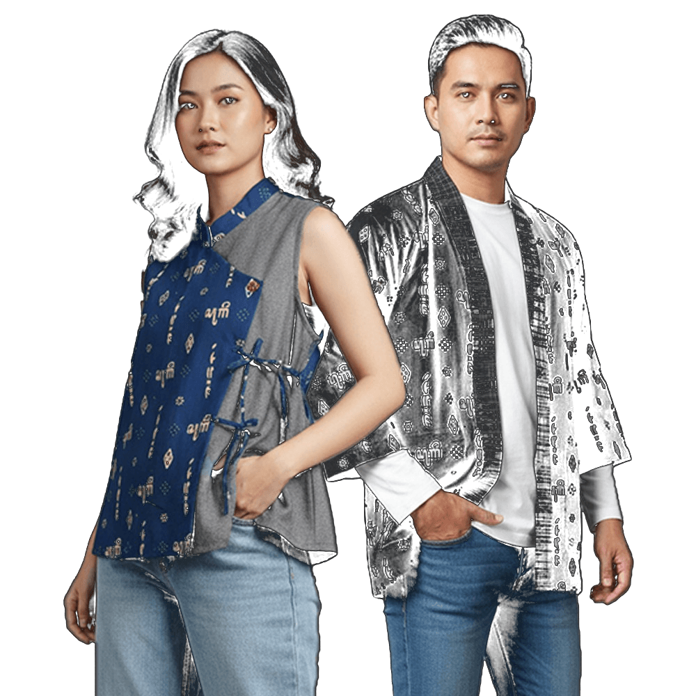 Two Zayru models — a woman in a blue aksara batik vest and a man in a black aksara batik kimono — back-to-back against a dark background.