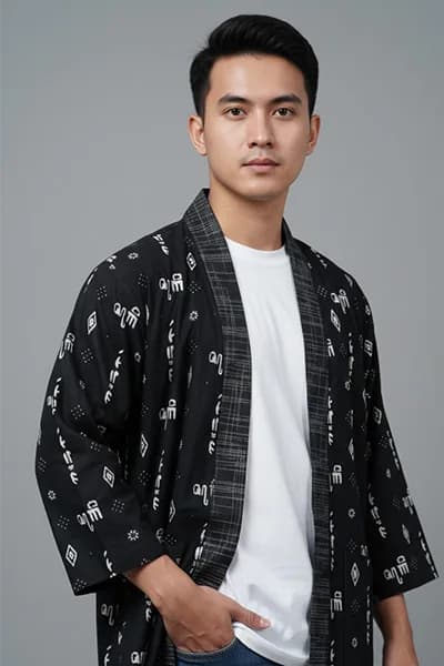 Man wearing a black Zayru aksara batik outer over a white shirt.