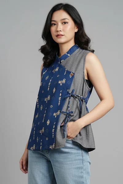 Woman wearing a blue and grey sleeveless Zayru aksara batik top.